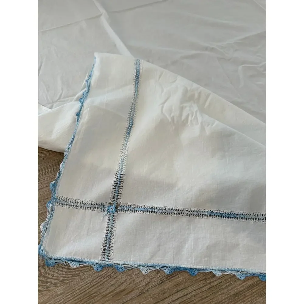 Vintage Embroidered Lace Trim White Cotton Flat Sheet